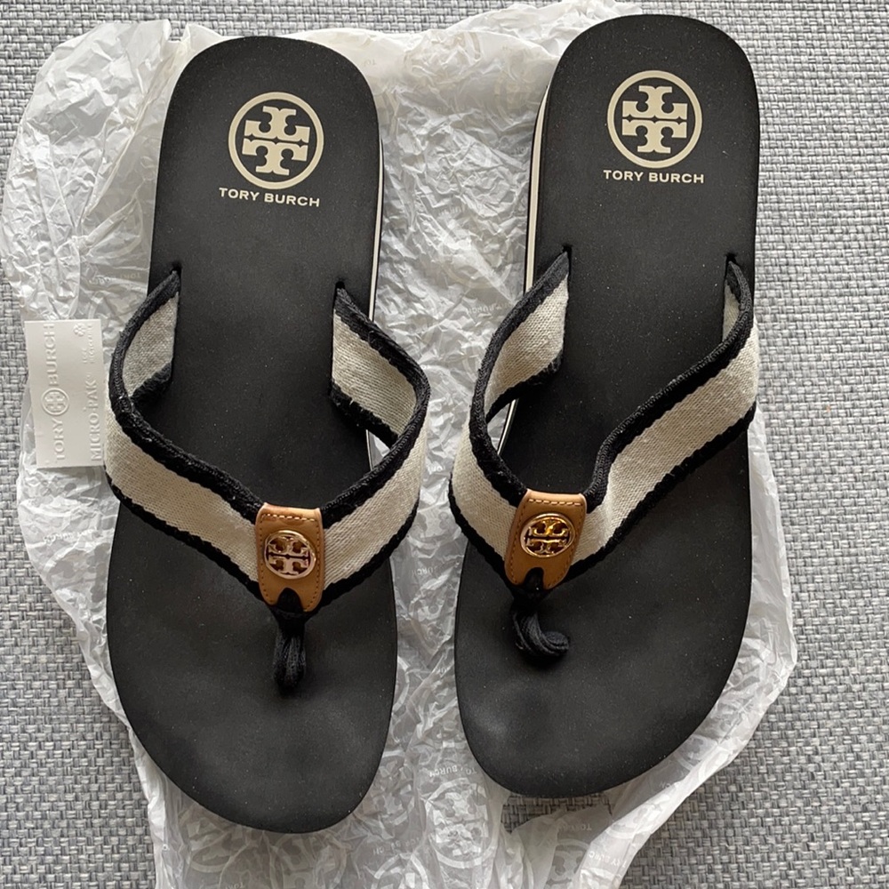 Tori Burch Black/Ivory Frankie Wedge Sandal- sz 9 NO BOX and wore them twice